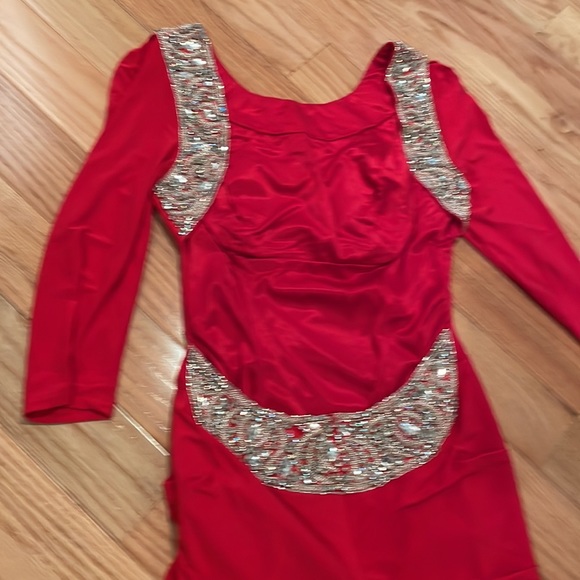 Sherri Hill Size 4 Backless Long Sleeve AB Collar Red Dress - Picture 3 of 3